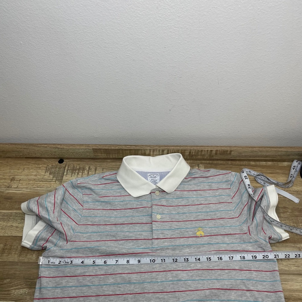 Brooks Brothers Men M Slim Striped Supima Cotton Polo Shirt Grey Contrast Collar - Picture 5 of 6